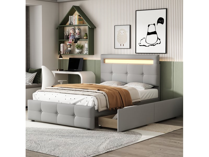  Modenvie lit 1 place capitonné 90x200 cm - avec led et 2 tiroirs, tête de lit réglable - gris  - Conforama B