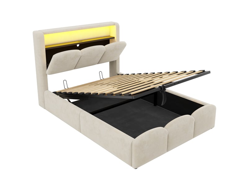 Lit enfant rembourré 90x200 cm beige avec rangement hydraulique, led, usb et type-c - Conforama E