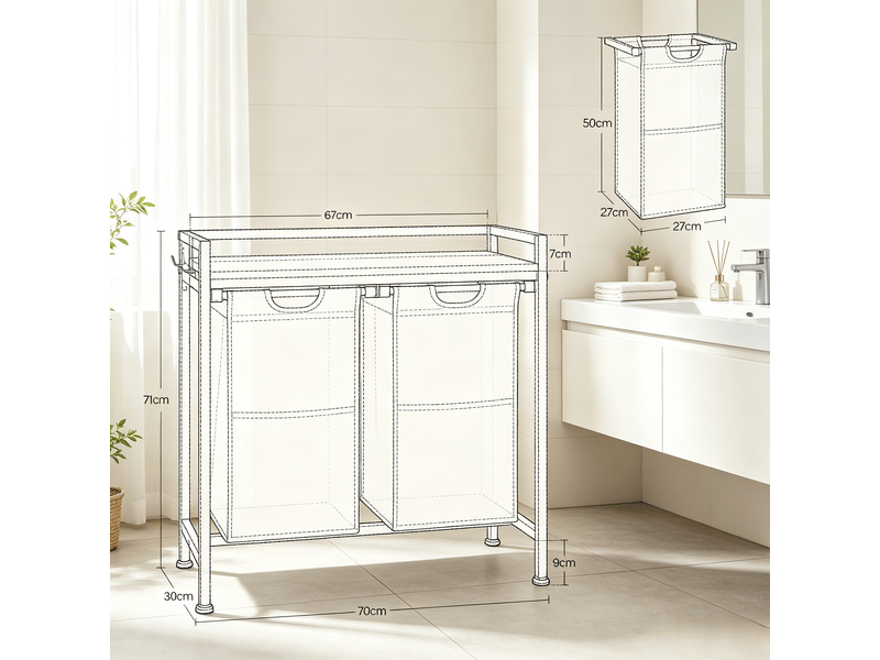  Meuble panier à linge 2 bacs amovibles en métal et tissu 70 x 30 x 71 cm  - Conforama C