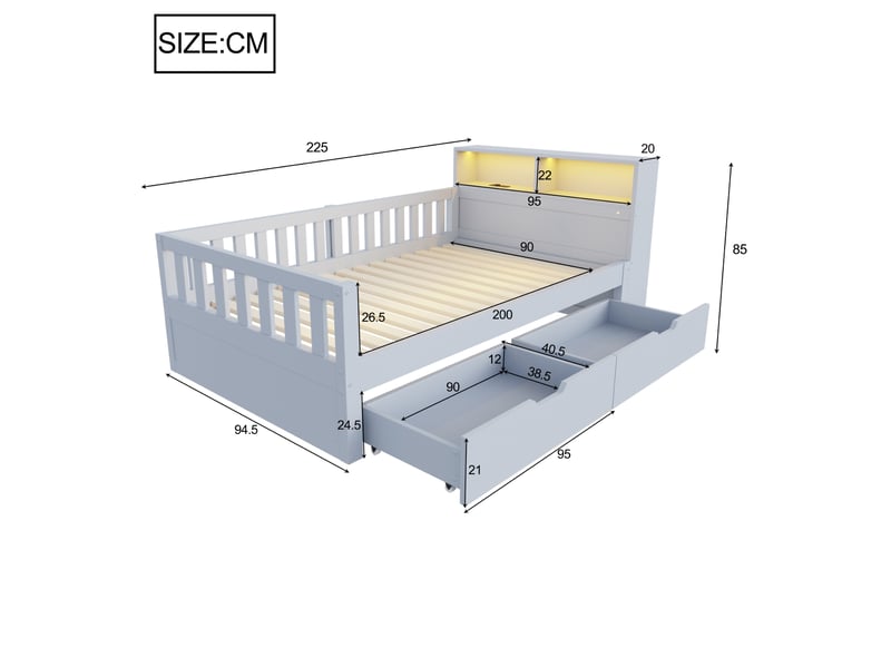 Lit simple 90 × 200 cm avec 2 tiroirs, rangements ouverts, led, prises usb et usb-c, barrières de sécurité, gris - Conforama C