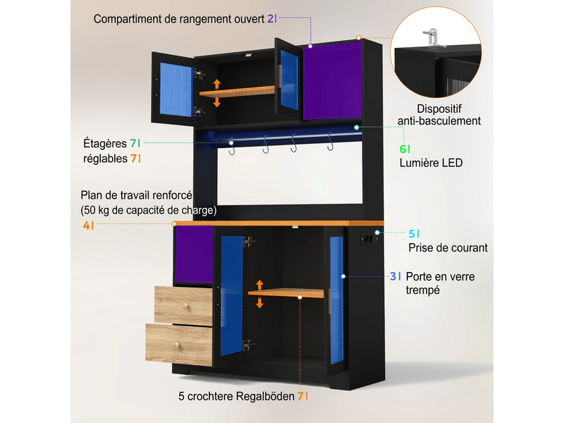  Buffet de cuisine haut noir en mdf 178 cm avec éclairage led et prise  - Conforama D