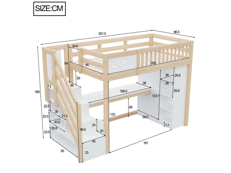 Lit mezzanine enfant 90x200 cm bureau intégré éclairage led penderie intégrée escalier avec rangement bois naturel et blanc OPULERANE TRADING LTD - Conforama D