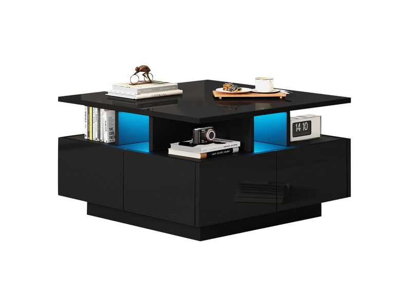  Table basse cube 70x70x40 cm led commande appli 4 tiroirs 3 niveaux finition laquée panneau de particules noir  - Conforama A