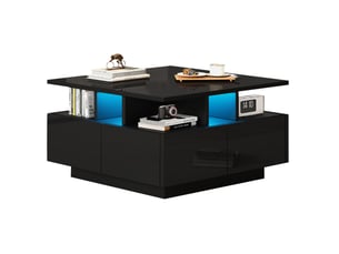 Table basse cube 70x70x40 cm led commande appli 4 tiroirs 3 niveaux finition laquée panneau de particules noir