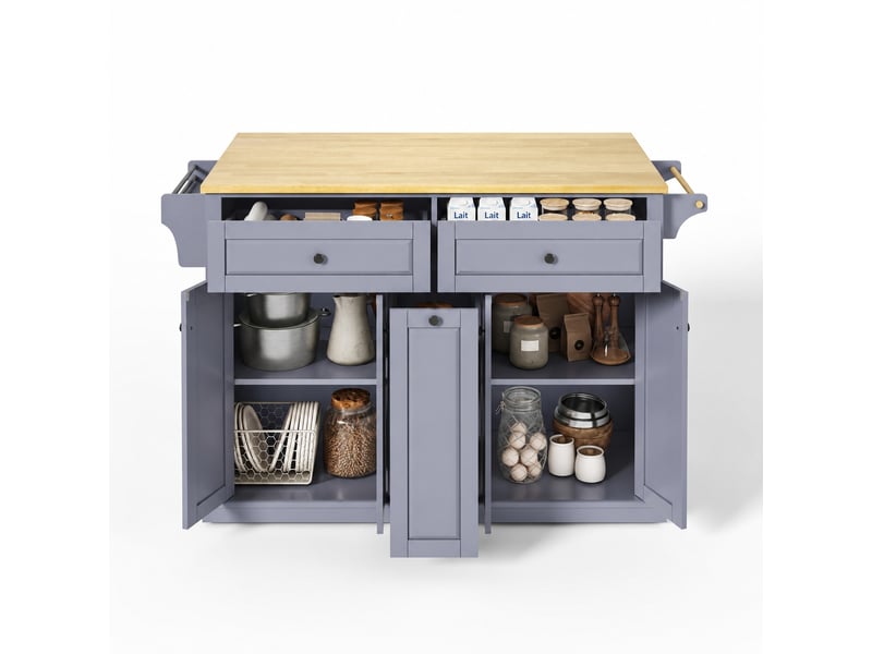  Îlot de cuisine mobile avec plan de travail rabattable, rangements et roulettes verrouillables, gris et bois clair  - Conforama A