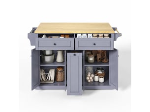 Îlot de cuisine mobile avec plan de travail rabattable, rangements et roulettes verrouillables, gris et bois clair