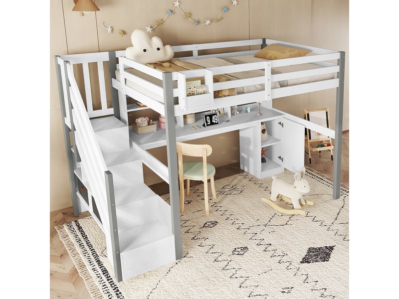  Lit mi-haut en bois massif et mdf blanc et gris 90x200 cm  - Conforama E