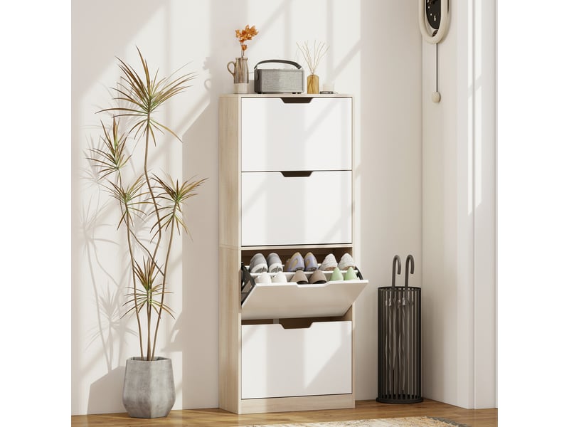  Meuble à chaussures gain de place avec 4 tiroirs pour 20 paires, dimensions 62.5 x 26 x 156 cm, finition bois et blanc  - Conforama B