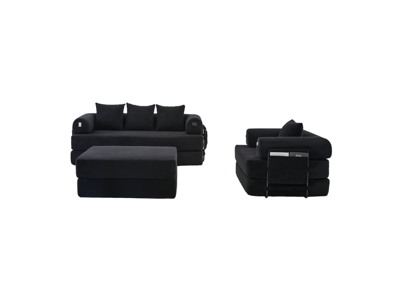  Canapé d'angle convertible 4 places en velours côtelé noir avec hocker, 4 coussins et poche latérale  - Conforama A