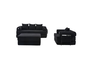 Canapé d'angle convertible 4 places en velours côtelé noir avec hocker, 4 coussins et poche latérale