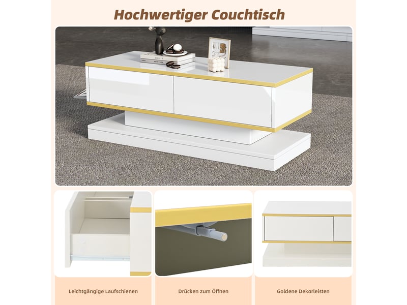 Ensemble meuble tv et table basse avec 5 tiroirs pour salon en panneaux de particules blanc chaud et doré  - Conforama D