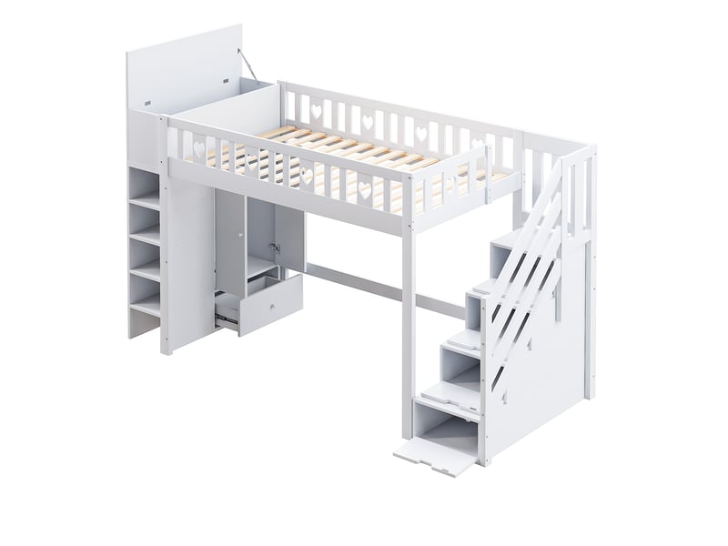 Lit mezzanine blanc 90x200 cm, escalier-rangement, étagères et armoire pliable - Conforama D
