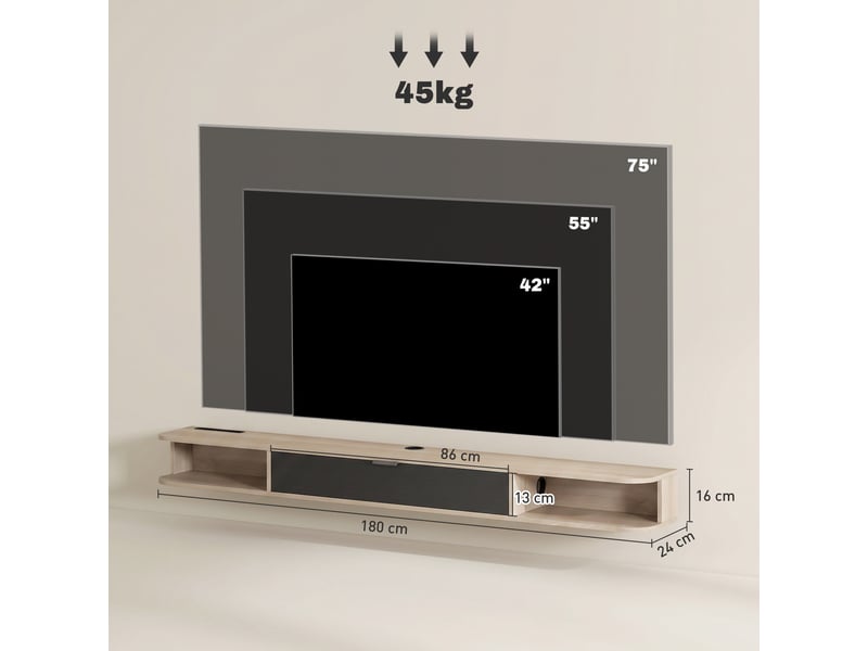  Meuble tv suspendu, meuble télé pour téléviseur jusqu'à 75 pouces, tiroir rabattable 2 étagères bois naturel 180x24x16cm  - Conforama C
