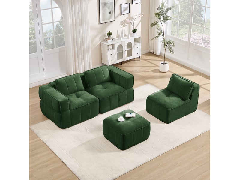  Canapé d'angle modulaire 3 places avec pouf, assise profonde et base antidérapante en polyester vert  - Conforama B