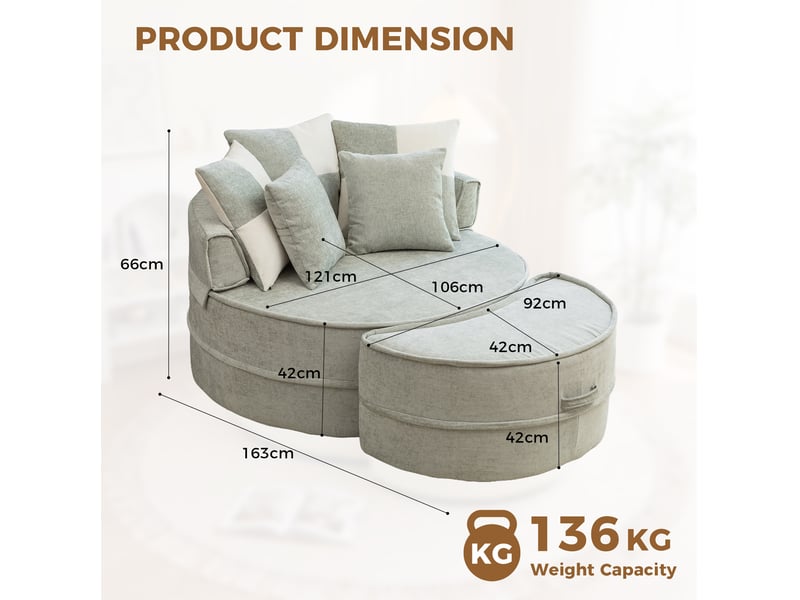  Fauteuil rond 1 place vert menthe en tissu avec ottomane et 5 coussins, confort moelleux pour se détendre chez vous  - Conforama C