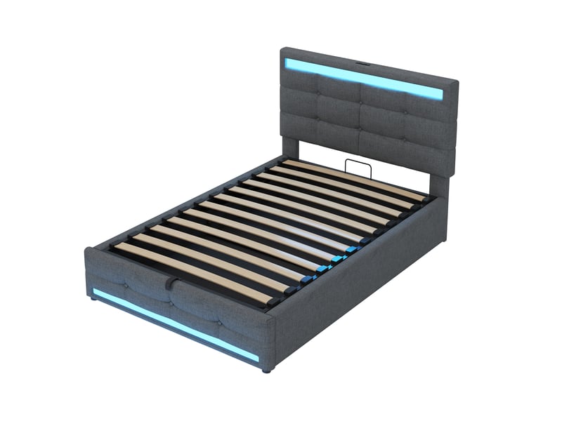  Lit enfant capitonné 90x200 cm en lin gris, rangement hydraulique, led et usb, avec sommier  - Conforama A