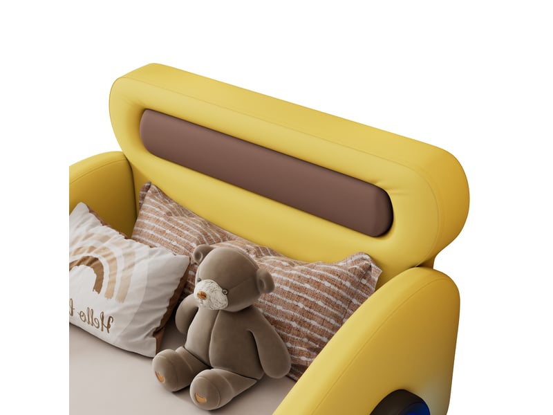  Lit enfant en forme de voiture 200×90 cm avec roues lumineuses et rangement, sans matelas, en pu et mdf jaune  - Conforama E