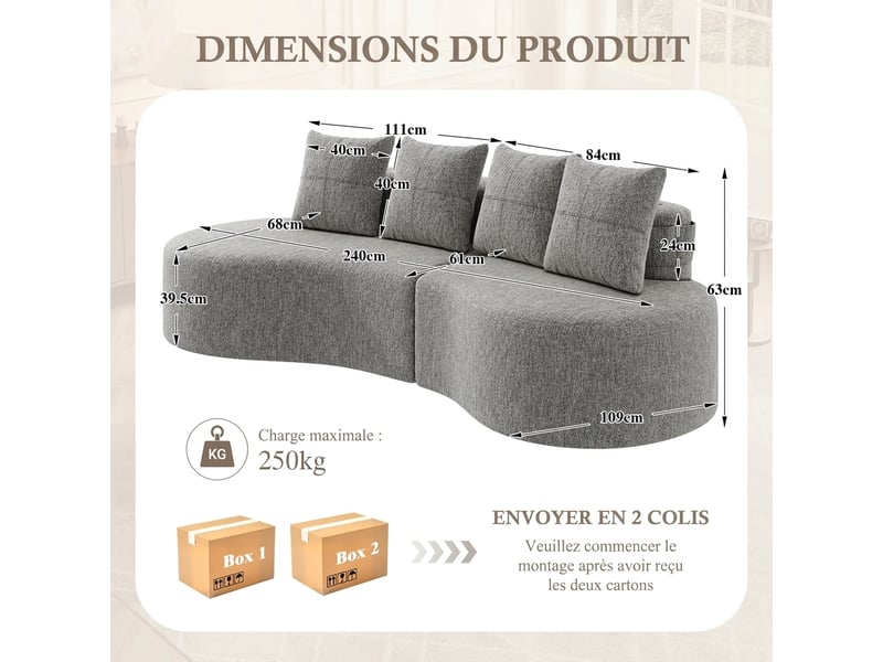  Canapé 4 places en lin gris clair avec porte-gobelets 240 x 109 cm - 4 coussins inclus  - Conforama C