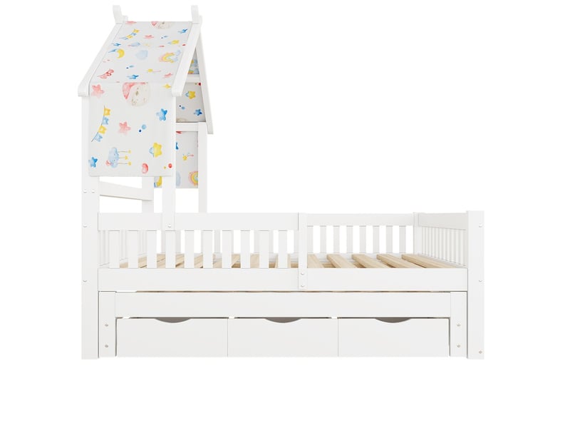  Lit gigogne bois plateforme forme maison 140x200 cm lit gigogne 3 tiroirs barrières sécurité blanc  - Conforama D