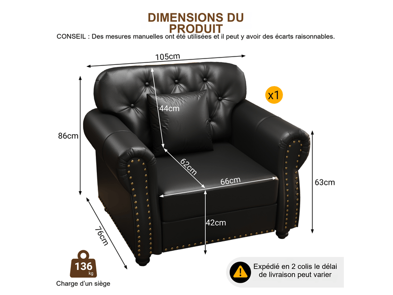  Fauteuil chesterfield fixe 1 place capitonné en simili noir 105 x 76 x 86 cm, coussin inclus, pour salon ou accueil 105X76X86cm - Conforama C