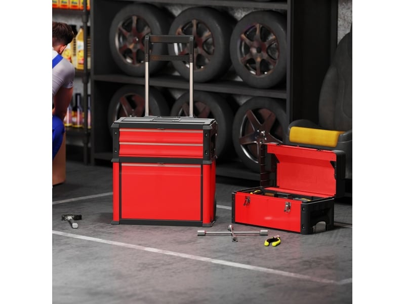 Chariot porte-outils 3 modules empilables, 52 x 32 x 72 cm rouge, acier et plastique renforcé, rangement mobile - Conforama B