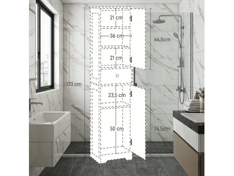  Colonne de rangement salle de bain 40x29,5x170 cm 2 placards 1 tiroir panneau de particules blanc  - Conforama E