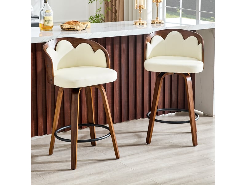  Lot de 2 tabourets de bar pivotants 48.5x41.5x89cm - pieds en noyer et coussin d'assise en cuir - beige  - Conforama D