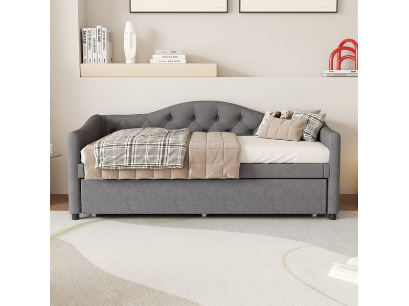  Modenvie lit gigogne 90x200 cm - revetement en lin, lit d'appoint coulissant, sans matelas - gris  - Conforama D