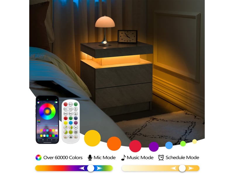  Table de chevet led avec 2 tiroirs et niche ouverte pour chambre en bois d’ingénierie gris foncé  - Conforama C