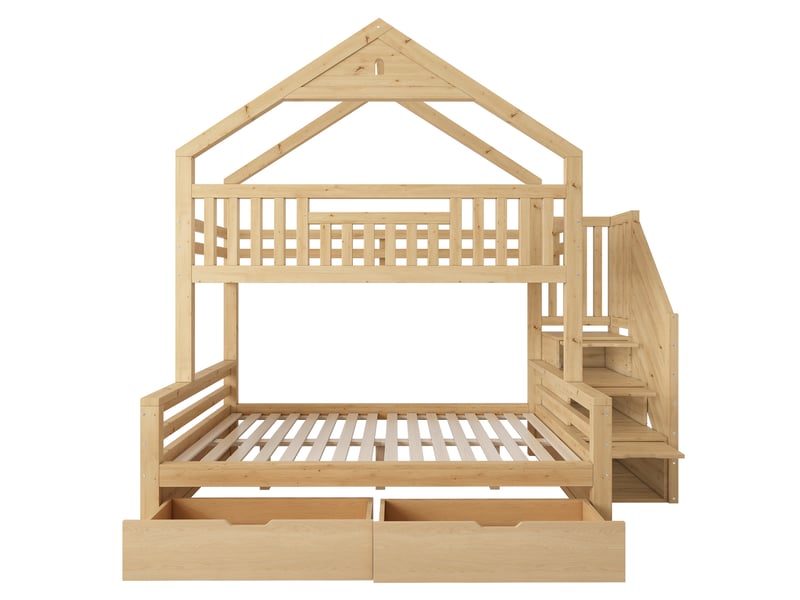 Lit superposé cabane 90x200 et 140x200 cm chêne avec escalier Fay Lum - Conforama W