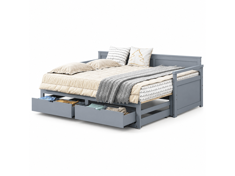  Lit banquette 2-en-1 2 places 90x190 cm extensible à 180x190 cm avec lit gigogne, 2 tiroirs de rangement, sommier à lattes, pin massif gris  - Conforama A