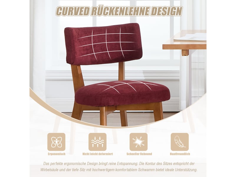  Lot de 2 chaises rouge vin en lin, style milieu du siècle, pieds bois massif, assise rembourrée, cuisine, salle à manger, bureau  - Conforama E