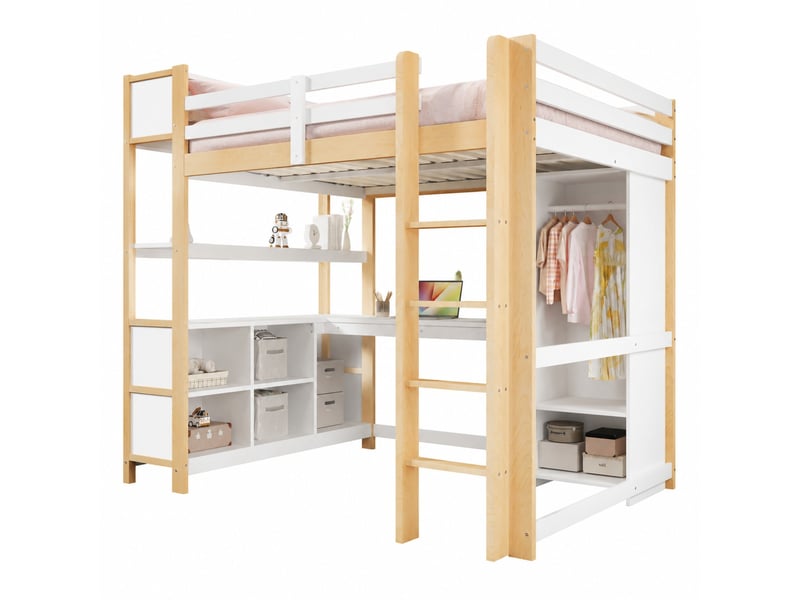 Lit mezzanine enfant 1 place 140×200 cm avec bureau, étagères et armoire - okmyhome- en pin, sans matelas, naturel - Conforama A