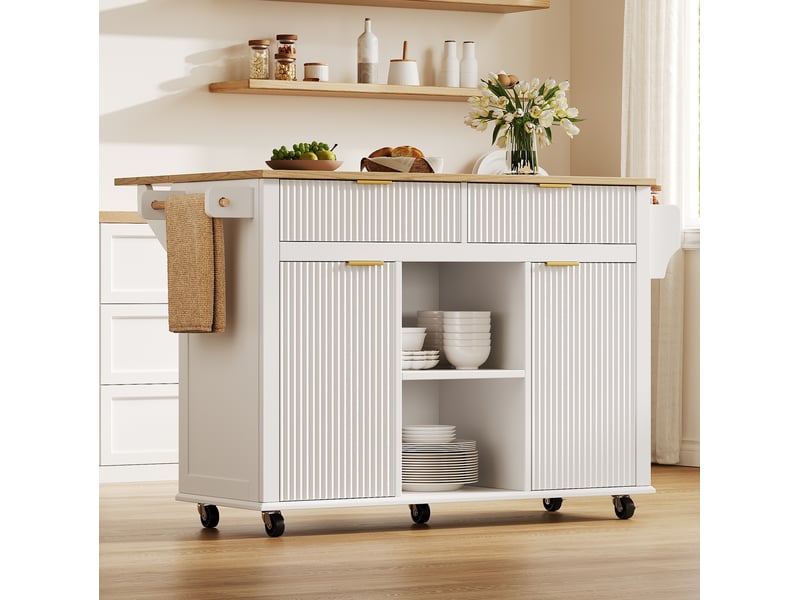 Desserte de cuisine à roulettes avec 2 tiroirs, 2 portes, plan rabattable et étagères à épices, blanc naturel - Conforama D