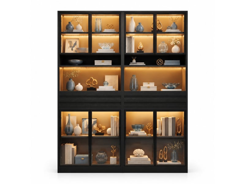  Vitrine avec 8 portes vitrées, 2 tiroirs et éclairage led pour salon en mdf noir, lot de 2, 80×35×200 cm  - Conforama A