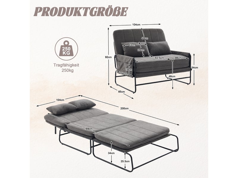  Canapé convertible 2 places 104*85*92cm en chenille et métal avec poches latérales gris chicfurn  - Conforama D