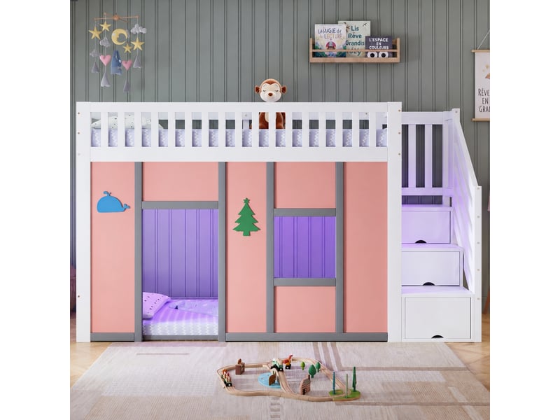  Lit mi-hauteur enfant 90 x 200 cm blanc et rose avec escalier de rangement et éclairage led, sans matelas  - Conforama B