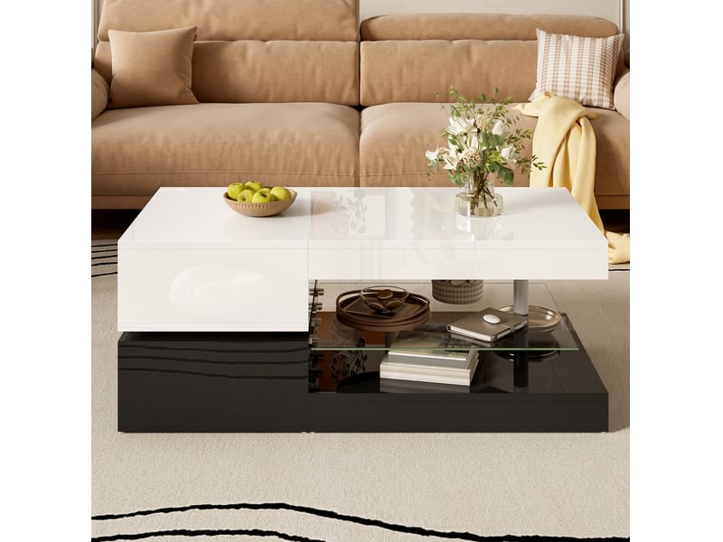  Table basse ulevr led 90 x 45 x 35,5 cm avec contrôle app et bluetooth, tablette en verre, finition brillante noir et blanc  - Conforama E