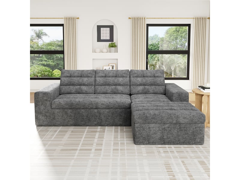  Canapé d'angle modulable 4 places avec pouf - chenille gris clair - 253x161 cm - sans cadre  - Conforama E