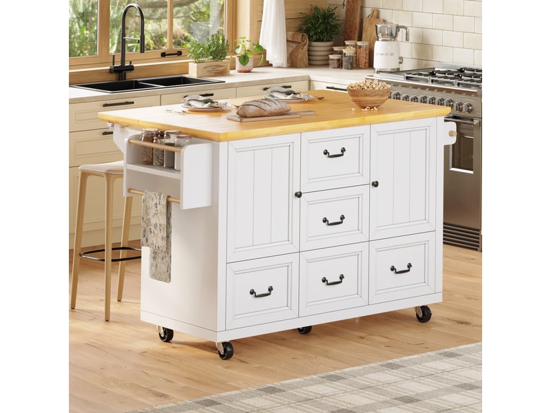 Îlot de cuisine à roulettes 120 cm, desserte de cuisine blanc et noir avec plateau pliable et 5 tiroirs - Conforama D