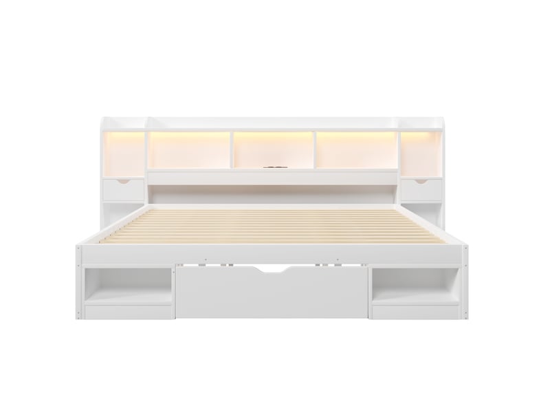  Lit 2 places 180x200 cm – blanc – 3 tiroirs, rangements, éclairage led 7 couleurs et usb - sans matelas  - Conforama D