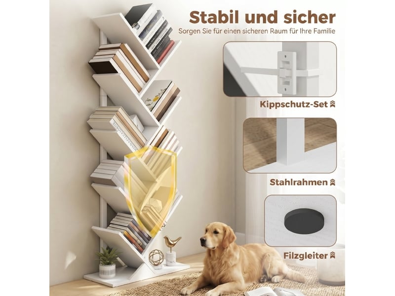  Bibliothèque arbre 50 x 24 x 136 cm blanche en bois et acier, style industriel, 9 niveaux pour livres et médias  - Conforama E