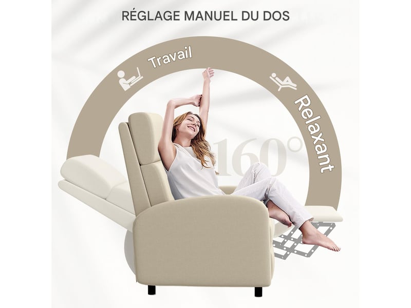  Fauteuil de relaxation inclinable à 160° avec repose-pieds tissu aspect lin crème  - Conforama D