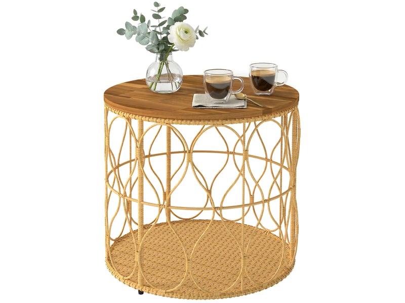 Table d'appoint ø50 cm, table de jardin résistante aux intempéries aspect rotin, plateau en bois d'acacia, pieds réglables, teck - Conforama B