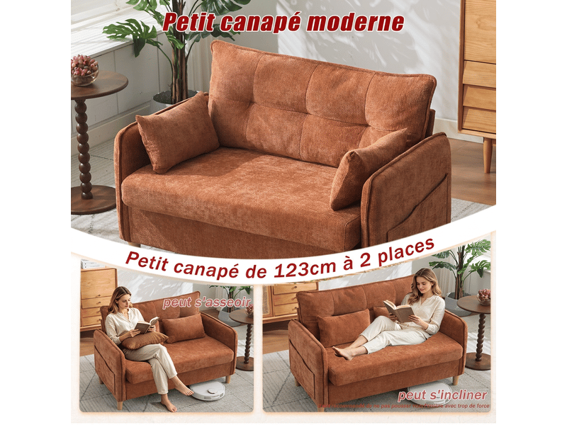  Canapé 2 places marron tissu chenille 127cm petit canapé bureau  - Conforama D