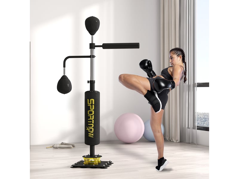  Support de boxe, deux speedballs, barre de frappe rotative, coussins de frappe, hauteur réglable, acier, 107 x 36 x 140-205 cm, noir  - Conforama C