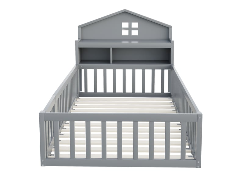 Lit cabane 90x200 avec barrière et porte, lit enfant bois massif gris avec rangements et tableau noir, sommier inclus - Conforama A