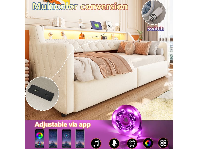 Lit banquette beige 90x200 cm avec led, coffre hydraulique, usbtype-c, lin - Conforama B