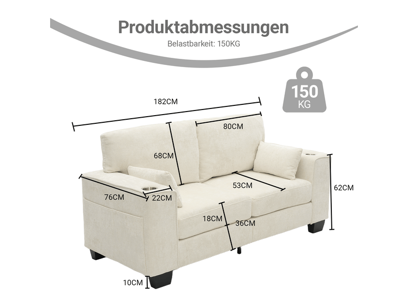  Canapé droit 2 places avec porte gobelets, poches latérales et assise profonde en tissu chenille beige  - Conforama C