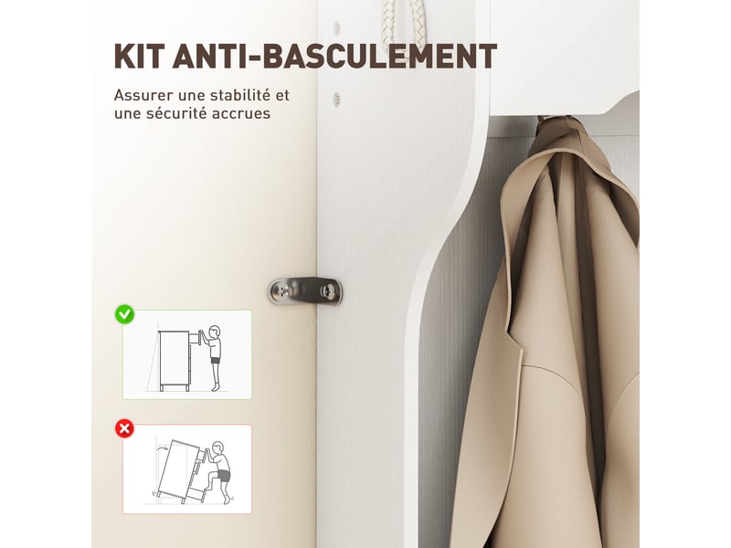  Porte-manteau 4-en-1 avec banc, banc d'entrée avec 12 compartiments à chaussures, blanc, 6 crochets et étagère ouverte  - Conforama R